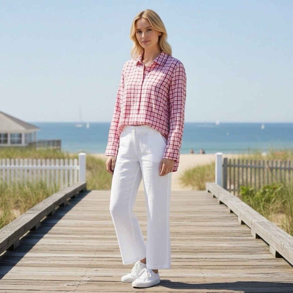 Vineyard Vines Linen Blend Plaid Half Button Shirt Size 14